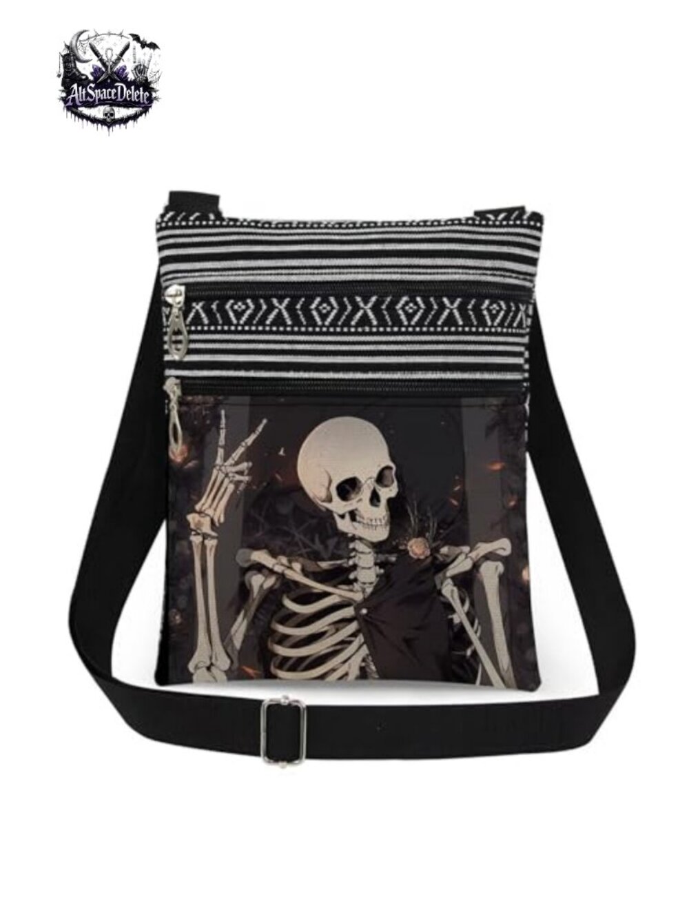 Skeleton Crossbody Bag Polyester Gothic Art Floral Adjustable Strap Purse